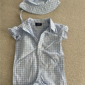 The Children's Place Light Blue Checkered Shirt and Hat Set